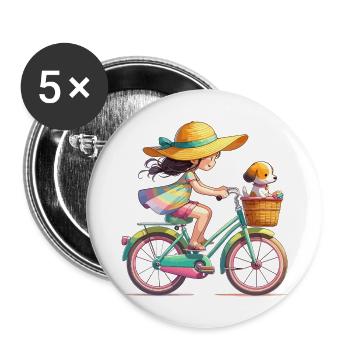Mädchen auf Fahrrad - Buttons groß 56 mm (5er Pack) - Weiß - Vorne