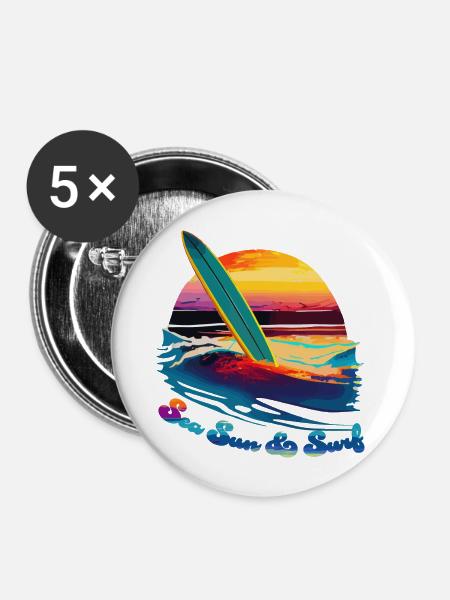 Meer, Sonne & Surfen - Buttons groß 56 mm (5er Pack) - Weiß