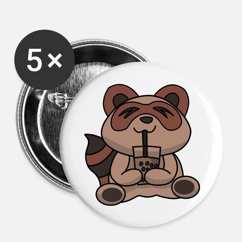 Bubble Tea Drinking Raccoon Anime Kawaii - Buttons large 2.2''/56 mm (5-pack) - white