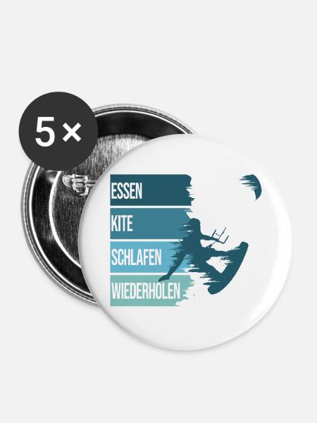 Essen, Kite, Schlafen, Wiederholen - Buttons groß 56 mm (5er Pack) - Weiß