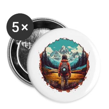 Wandern in den Bergen und frischer Bergluft - Buttons groß 56 mm (5er Pack) - Weiß - Vorne
