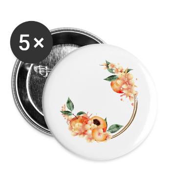 Pfirsichhälfte,Pfirsiche,Pfirsichblüten im Kranz - Buttons groß 56 mm (5er Pack) - Weiß - Vorne