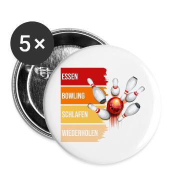 Essen - Bowling - Schlafen - Wiederholen - Buttons groß 56 mm (5er Pack) - Weiß - Vorne