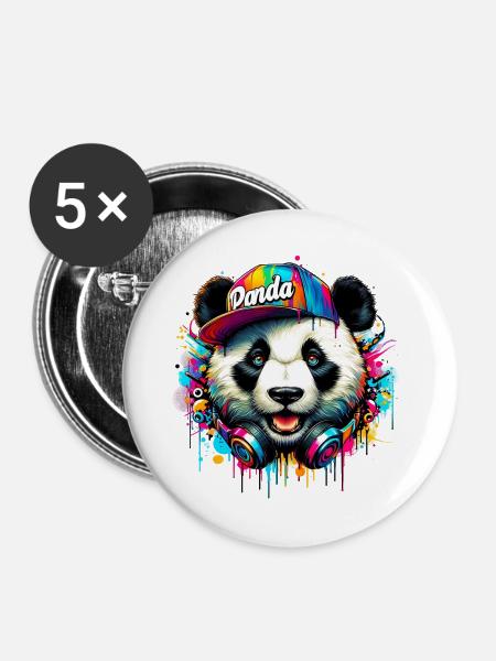 Panda DJ Deejay mit Kopfhörern hört Musik - Buttons groß 56 mm (5er Pack) - Weiß