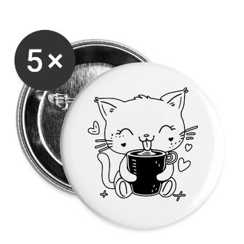 Katze Kaffee Katzenliebhaber Kaffeeliebhaber - Buttons groß 56 mm (5er Pack) - Weiß - Vorne