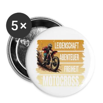 Leidenschaft - Abenteuer - Freiheit - Motocross - Buttons groß 56 mm (5er Pack) - Weiß - Vorne