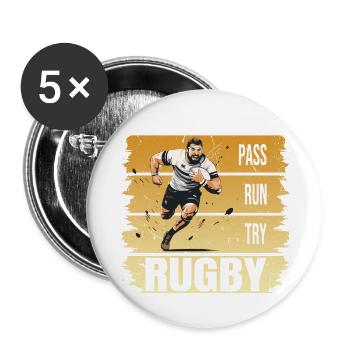 Pass - Run - Try - Rugby - Buttons groß 56 mm (5er Pack) - Weiß - Vorne
