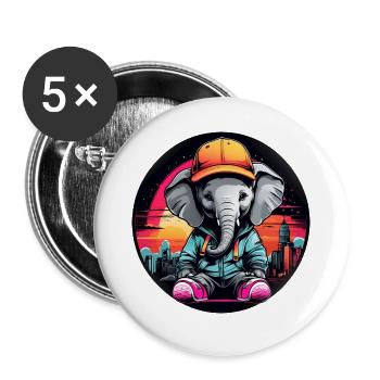 Mignon petit éléphant au look décontracté avec casquette - Lot de 5 grands badges (56 mm) - blanc - Devant