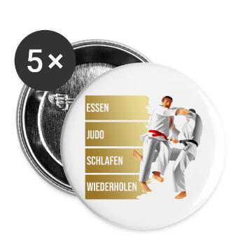 Essen - Judo - Schlafen - Wiederholen - Buttons groß 56 mm (5er Pack) - Weiß - Vorne