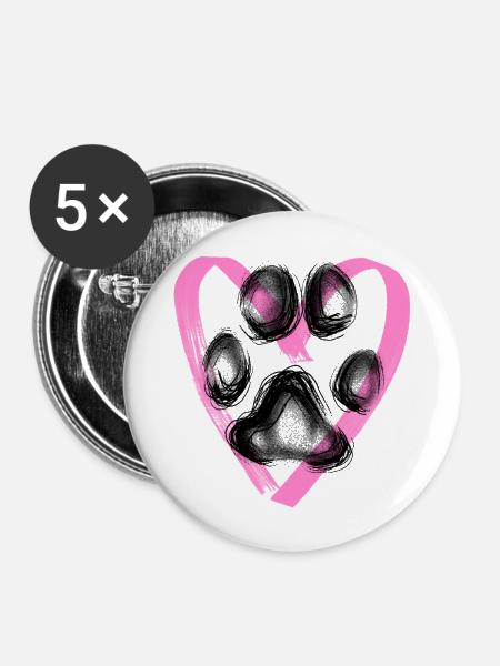 Pfotenabdruck mit Herz, pink - Buttons groß 56 mm (5er Pack) - Weiß