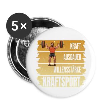 Kraft - Ausdauer - Willensstärke - Kraftsport - Buttons groß 56 mm (5er Pack) - Weiß - Vorne