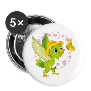 Cute green bird playing with butterfly - Buttons large 2.2''/56 mm (5-pack) - white - Front