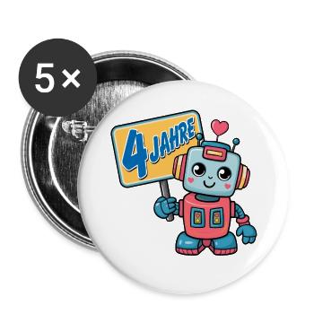 Vier Jahre kleiner Roboter Kindergeburtstag - Buttons groß 56 mm (5er Pack) - Weiß - Vorne