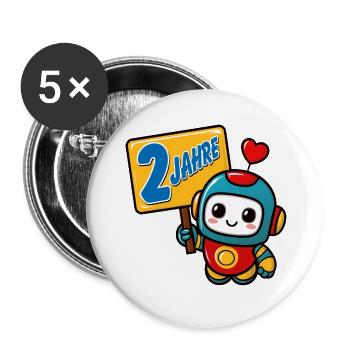 Zwei Jahre kleiner Roboter Kindergeburtstag - Buttons groß 56 mm (5er Pack) - Weiß - Vorne