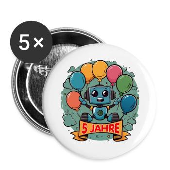 5 Jahre Geburtstag Kleiner Roboter mit Luftballons - Buttons groß 56 mm (5er Pack) - Weiß - Vorne