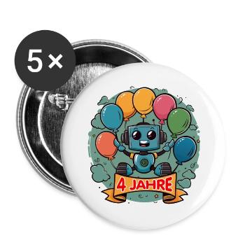 4 Jahre Geburtstag Kleiner Roboter mit Luftballons - Buttons groß 56 mm (5er Pack) - Weiß - Vorne