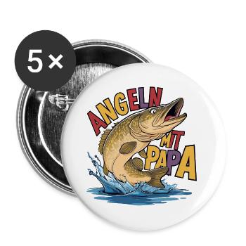 Angeln mit Papa Hecht und Angelspruch - Buttons groß 56 mm (5er Pack) - Weiß - Vorne