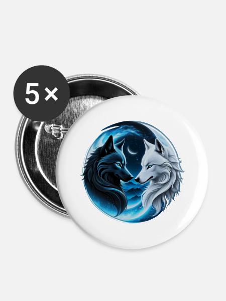 Zwei majestätische Wolfsköpfe - Buttons groß 56 mm (5er Pack) - Weiß