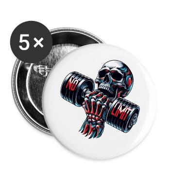 No Limit Workout Bodybuilding Skull mit Hantel - Buttons groß 56 mm (5er Pack) - Weiß - Vorne