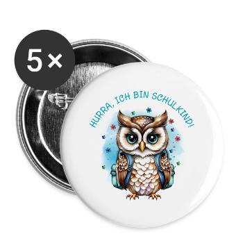 Eule - Blümchen - petrol | Hurra ich bin Schulkind - Buttons groß 56 mm (5er Pack) - Weiß - Vorne