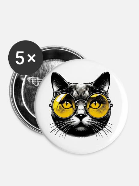 Kater mit Brille - Buttons groß 56 mm (5er Pack) - Weiß