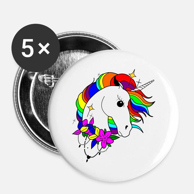 Regenbogen-Einhorn - Buttons groß 56 mm (5er Pack) - Weiß