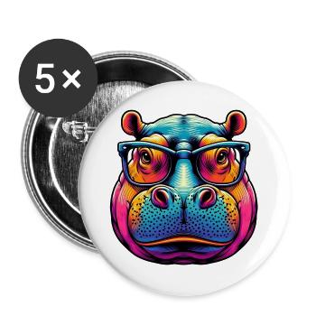 Hippopotamus with Glasses - Buttons large 2.2''/56 mm (5-pack) - white - Front