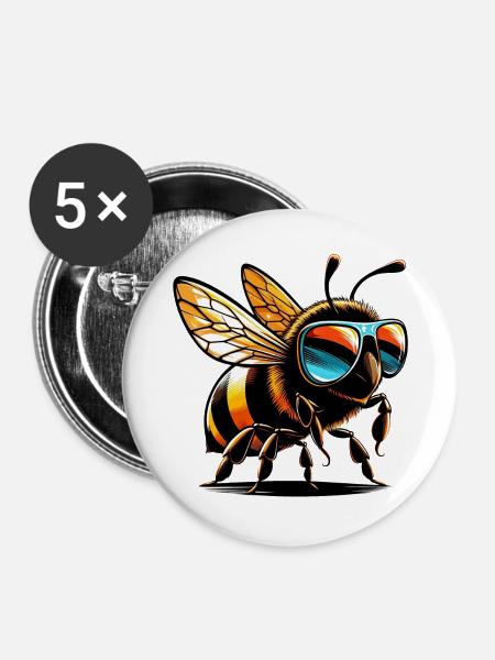 Biene mit Sonnenbrille - Buttons groß 56 mm (5er Pack) - Weiß