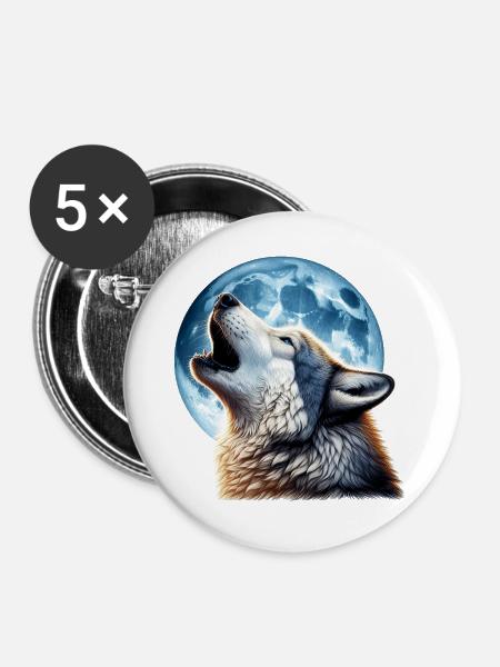 Wolf heult den Vollmond an - Buttons groß 56 mm (5er Pack) - Weiß