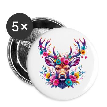 Deer decorated with flower flowers - Buttons large 2.2''/56 mm (5-pack) - white - Front