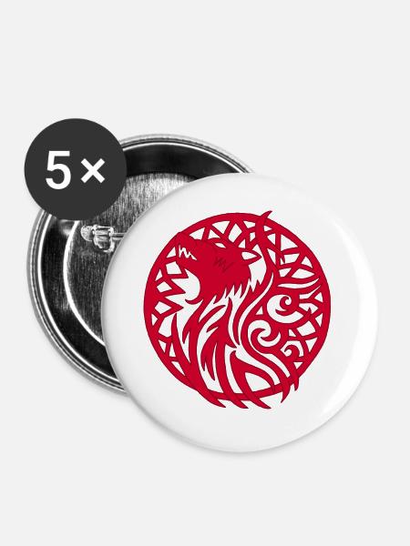 Roter Wolf und Glücksbringer - Buttons groß 56 mm (5er Pack) - Weiß