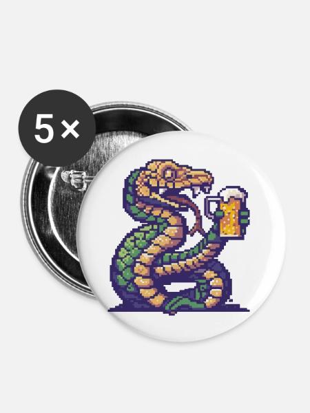 Schlange Kobra Bier Pixel - Buttons groß 56 mm (5er Pack) - Weiß