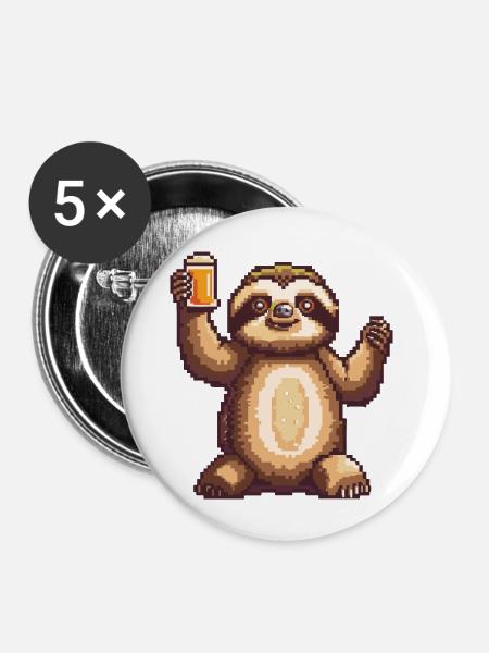 Faultier Bier Pixel - Buttons groß 56 mm (5er Pack) - Weiß
