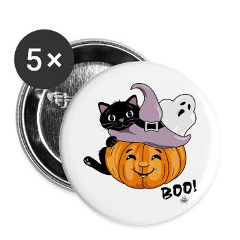 Lächelnder Kürbis mit schwarzer Katze und Geist - Buttons groß 56 mm (5er Pack) - Weiß - Vorne