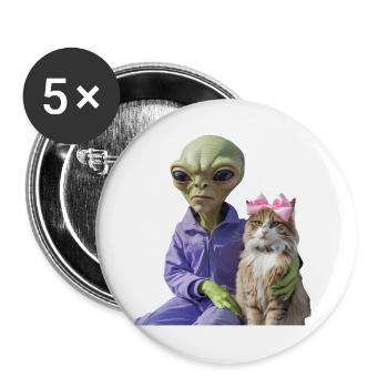 Alien und Katze – Galaktische Liebe - Buttons groß 56 mm (5er Pack) - Weiß - Vorne