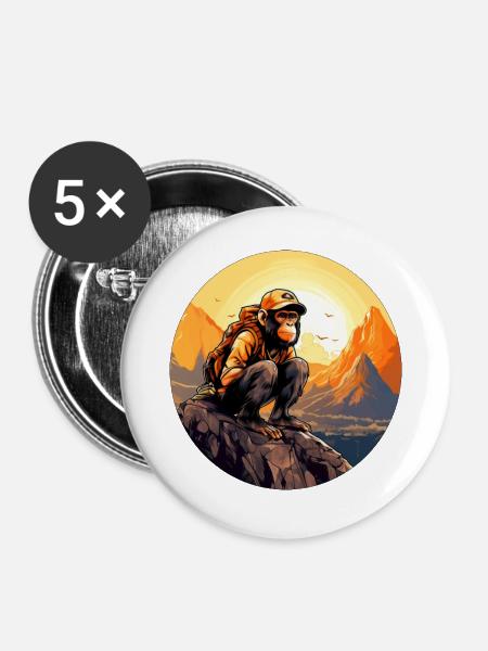 Affen Wandern / Bergsteiger Affe - Buttons groß 56 mm (5er Pack) - Weiß
