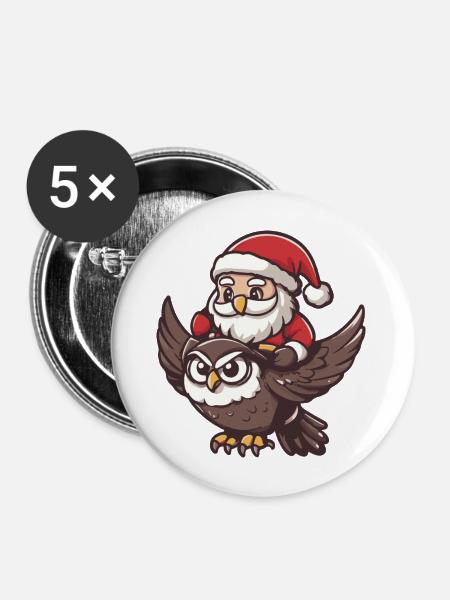 Eule Weihnachtsmann Cartoon - Buttons groß 56 mm (5er Pack) - Weiß