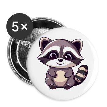 Niedlicher entzückender Waschbär - Charmantes Cartoon-Design - Buttons groß 56 mm (5er Pack) - Weiß - Vorne