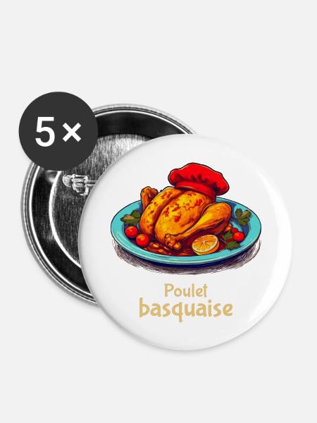 Hühnchen-Basquaise - Klartext - Buttons groß 56 mm (5er Pack) - Weiß