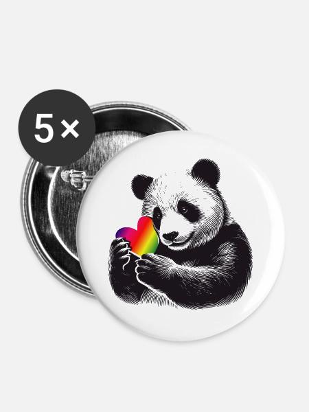 Liebevoller Panda mit Regenbogen-Herz - Buttons groß 56 mm (5er Pack) - Weiß