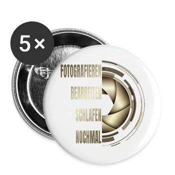 Fotografieren - Bearbeiten - Schlafen - Nochmal - Buttons groß 56 mm (5er Pack) - Weiß - Vorne