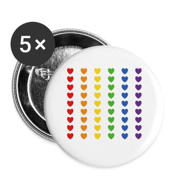 Regenbogen Flagge Herzen - Buttons groß 56 mm (5er Pack) - Weiß - Vorne