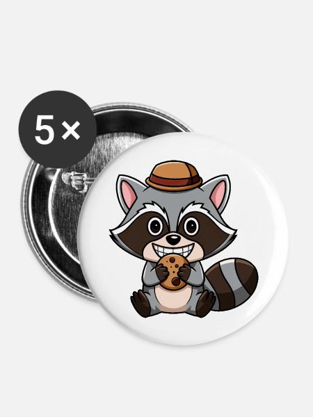 Chibi Kawaii Waschbär - Buttons groß 56 mm (5er Pack) - Weiß