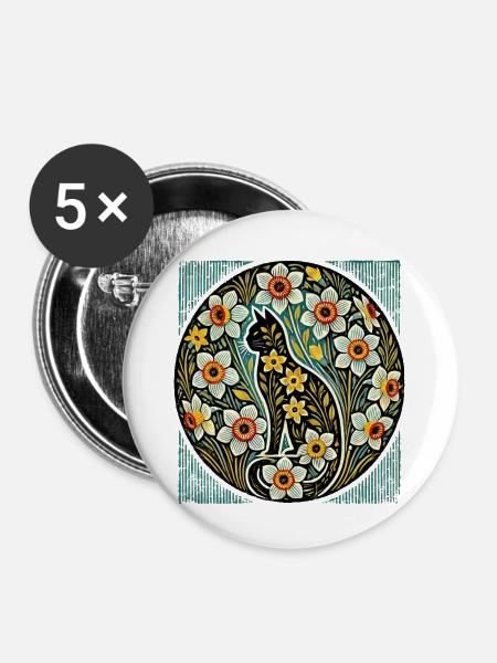 Narzissen Katze - Buttons groß 56 mm (5er Pack) - Weiß