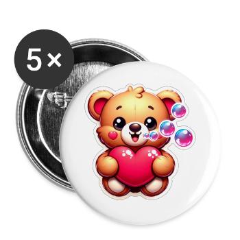 Teddybär mit Herz und Seifenblasen - Buttons groß 56 mm (5er Pack) - Weiß - Vorne