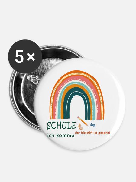 Schule ich komme - Buttons groß 56 mm (5er Pack) - Weiß