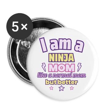 Ninja-Mama, Muttertag Geschenk, Kampfsport - Buttons groß 56 mm (5er Pack) - Weiß - Vorne