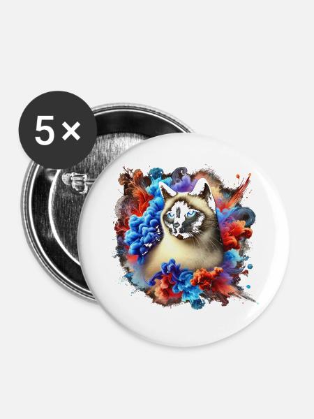 Bunte Siam Katze mit Farbspritzern - Buttons groß 56 mm (5er Pack) - Weiß