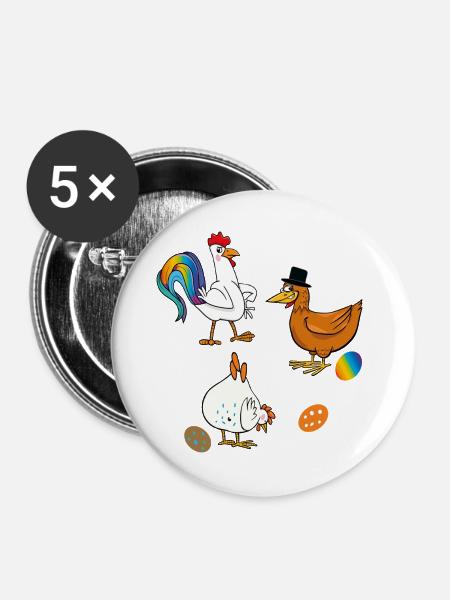 Hühner mit Ostereier - Buttons groß 56 mm (5er Pack) - Weiß