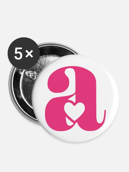 Buchstabe A Anfangsbuchstabe mit Herz - Buttons groß 56 mm (5er Pack) - Weiß